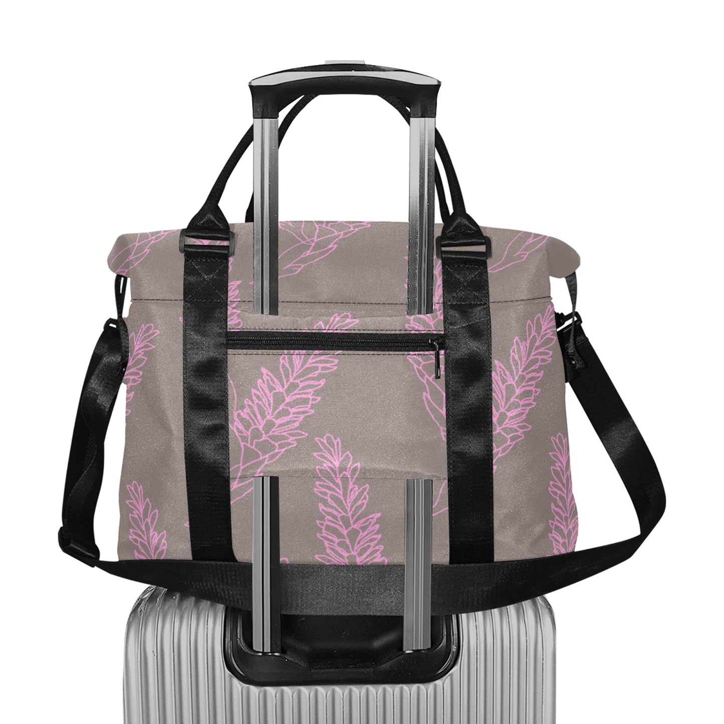 Torch Ginger Taupe and Rose Hawaiian Print Large Capacity Duffle Travel Shoulder Bag