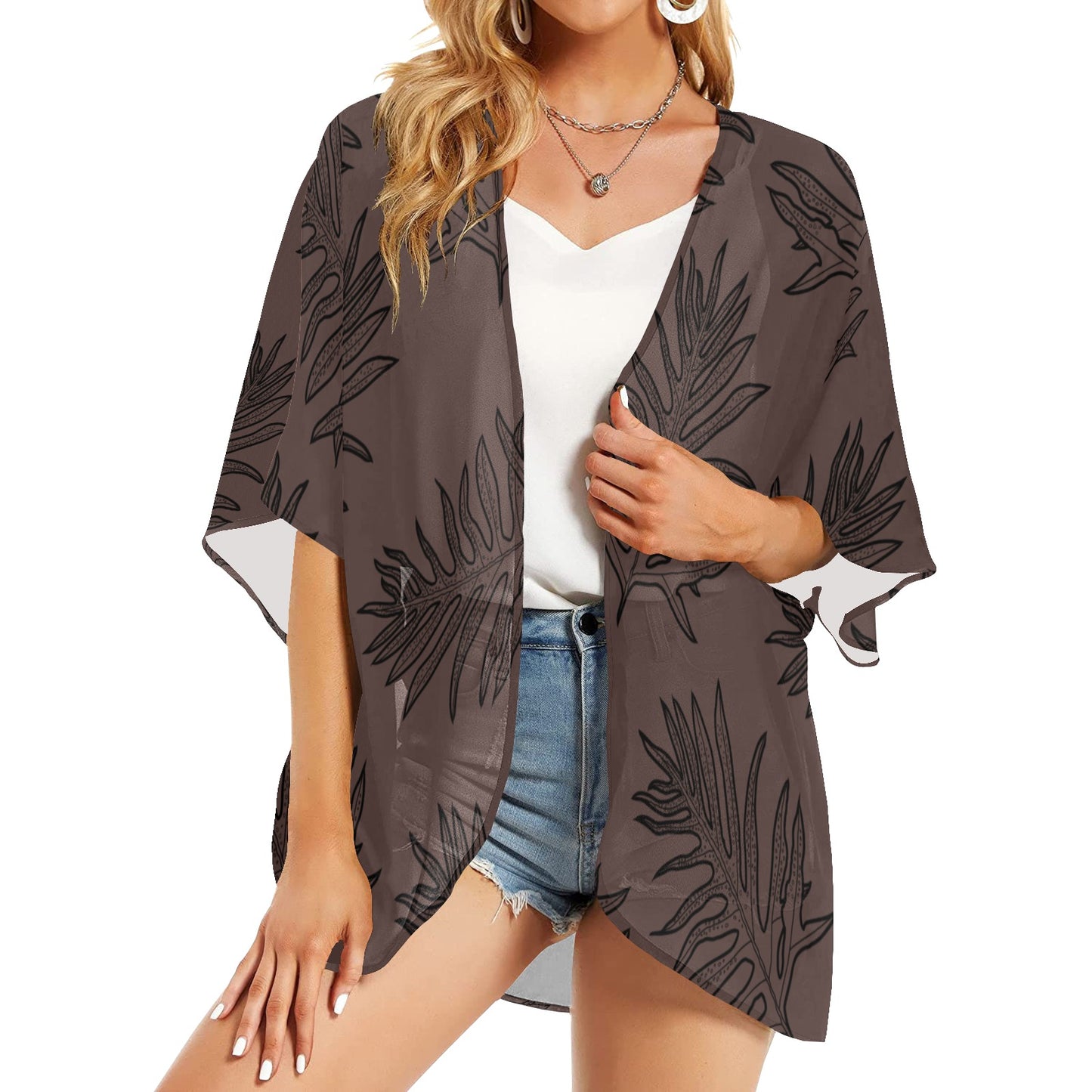 Laua'e Fern Hawaiian Print - Brown, Women's Kimono Chiffon Cover Up Women's Kimono Chiffon Cover Up