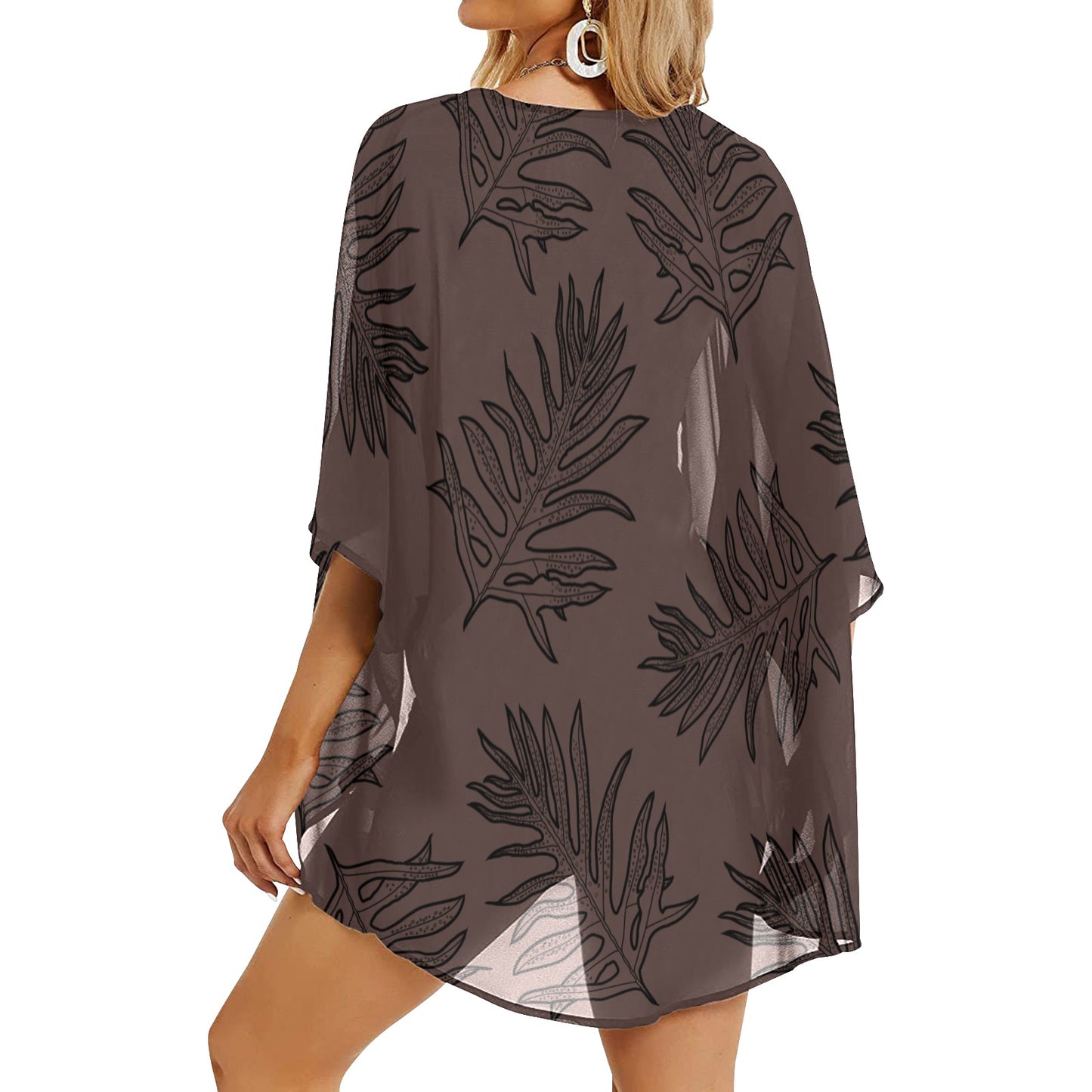 Laua'e Fern Hawaiian Print - Brown, Women's Kimono Chiffon Cover Up Women's Kimono Chiffon Cover Up