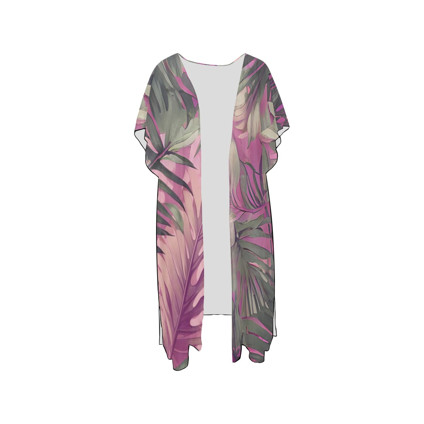 Hawaiian Tropical Print Pink Mid Length Kimono Chiffon Cover Up with Side Slits