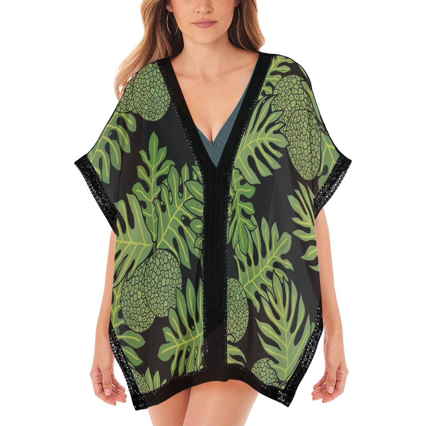 Ulu Breadfruit Hawaiian Print Beach Cover Up - Black and Green Women's Cover Up