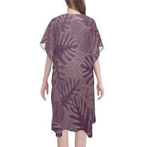 Ulu Breadfruit Hawaiian Print Purple Mid Length Kimono Chiffon Cover Up with Side Slits