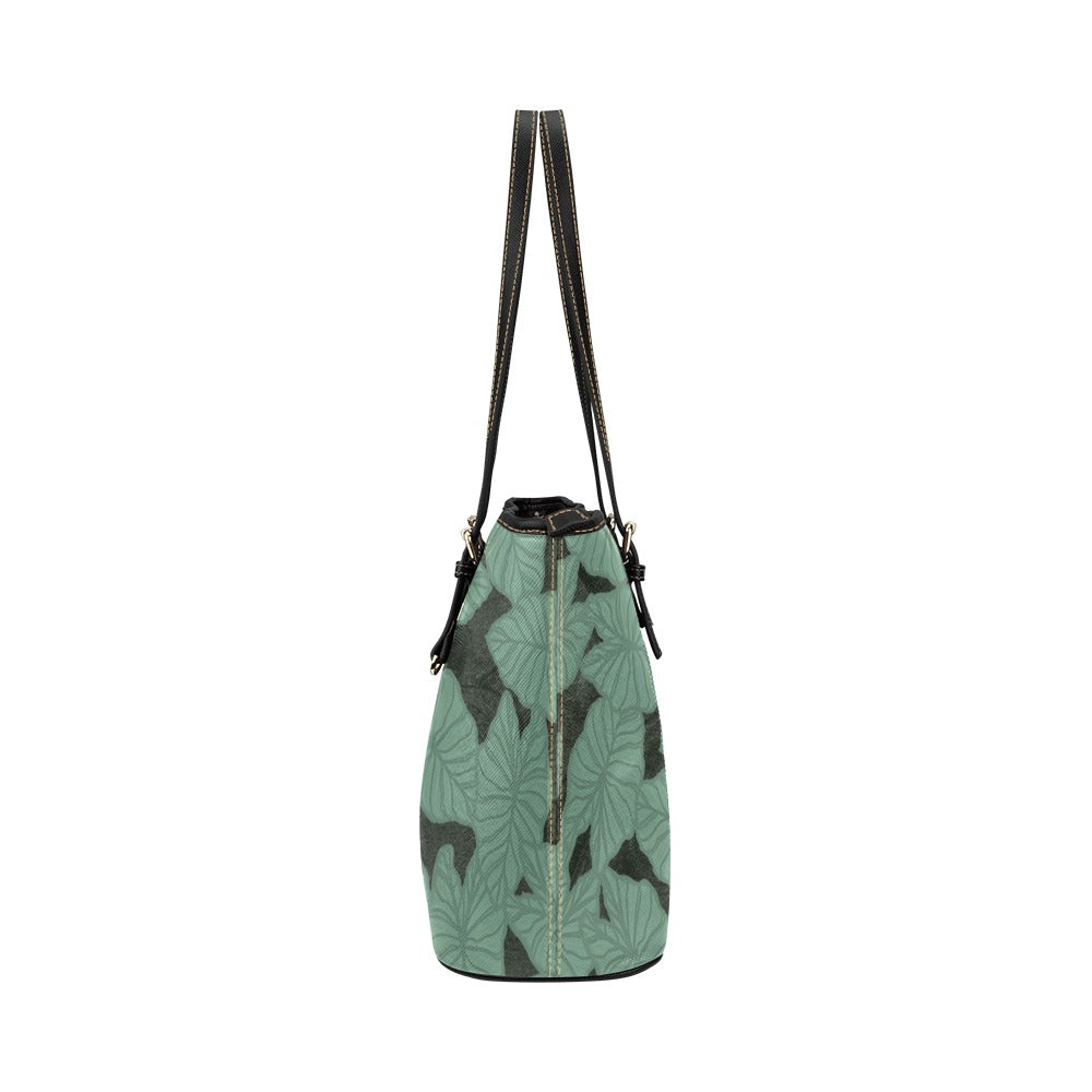 Kalo Taro Hawaiian Print Green Tote Bag Faux Leather