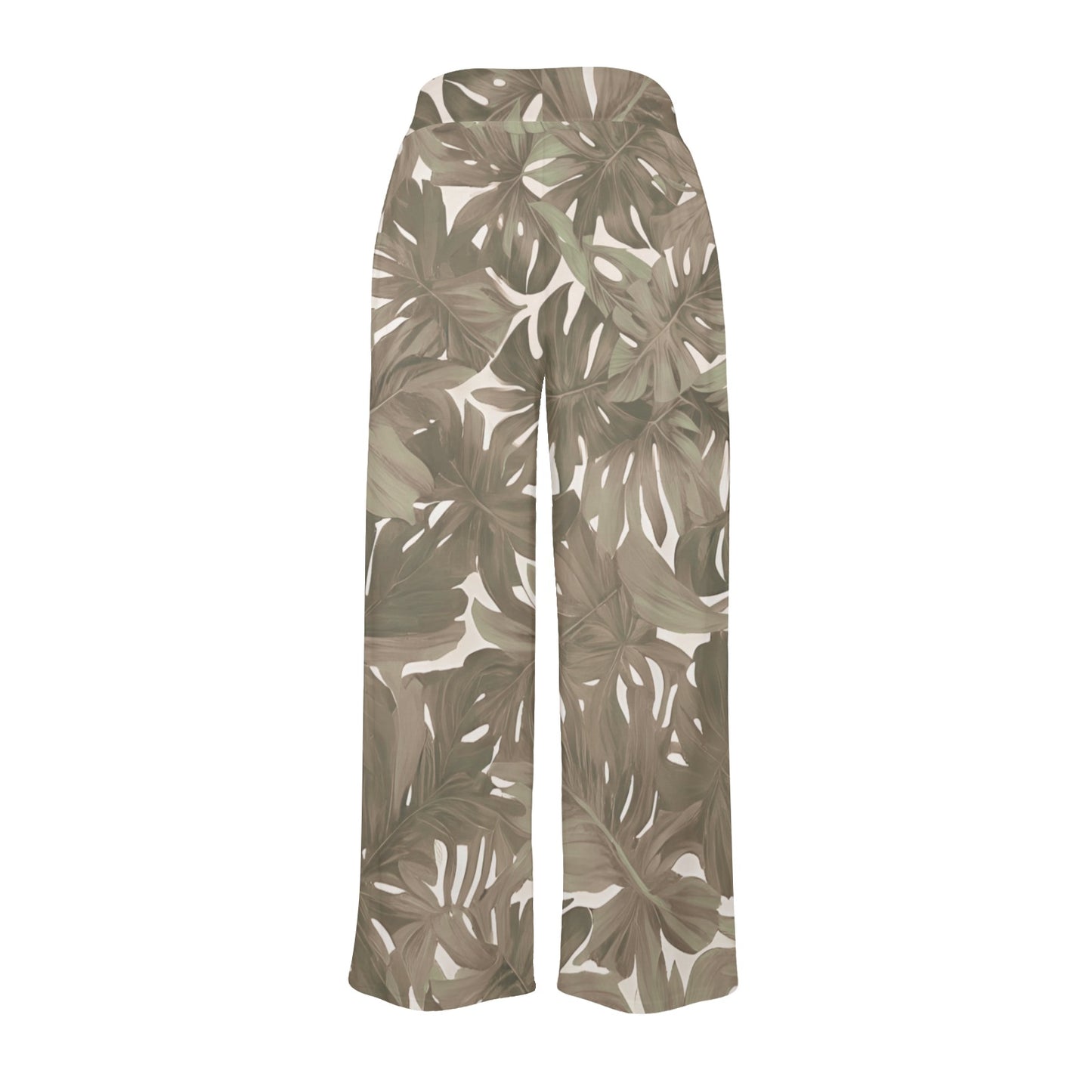 Monstera Neutral Hawaiian Print Wide Leg Palazzo Style Drawstring Pants