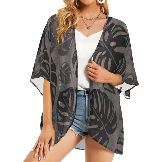 Monstera Neutral Watercolor Women's Kimono Chiffon Cover Up Women's Kimono Chiffon Cover Up