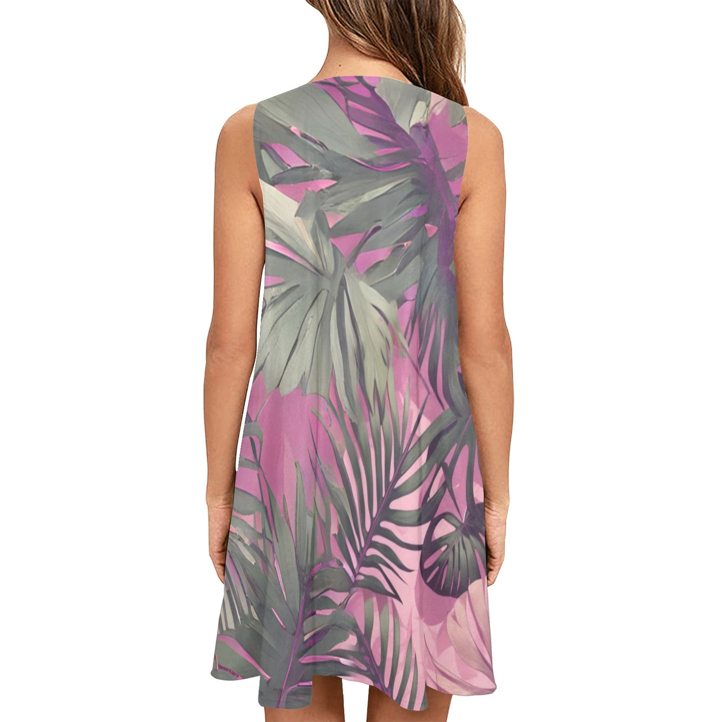 Hawaiian Tropical Print Pink Women's Sleeveless A Line Dress