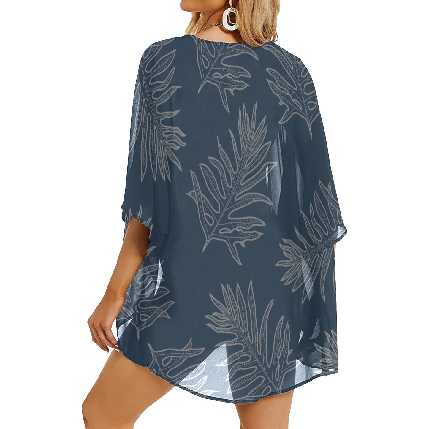 Laua'e Fern Hawaiian Print - Blue, Women's Kimono Chiffon Cover Up Women's Kimono Chiffon Cover Up