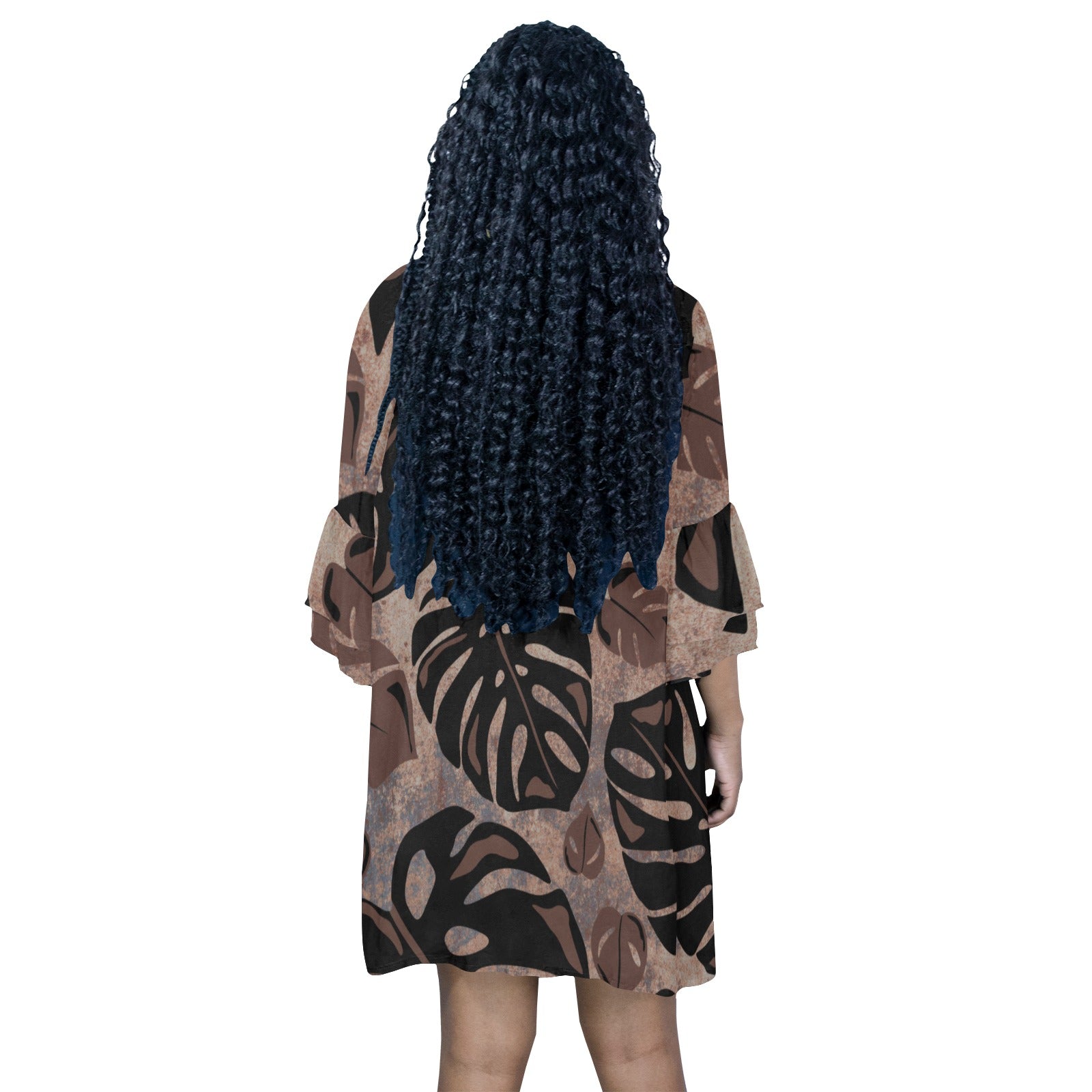 Kalo Taro Neutral Watercolor Brown & Black Half Sleeve Dress Half Sleeves V-Neck Mini Dress (Model D63)