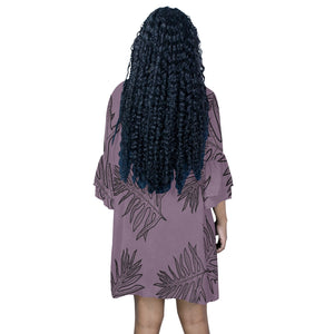 Laua'e Fern Hawaiian Print - Lavender and Black V Neck Dress Half Sleeves V-Neck Mini Dress