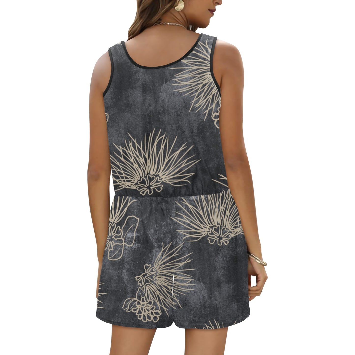 'Ohi'a Lehua Hawaiian Print Watercolor Romper Vest Short Jumpsuit (Ohia Lehua)