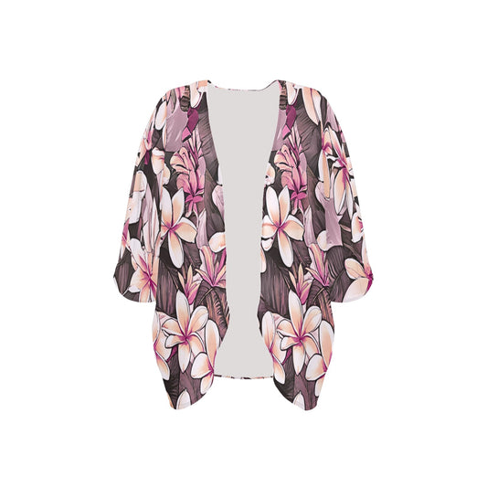 Plumeria Hawaiian Print Kimono Chiffon Cover Up - Pink Tones