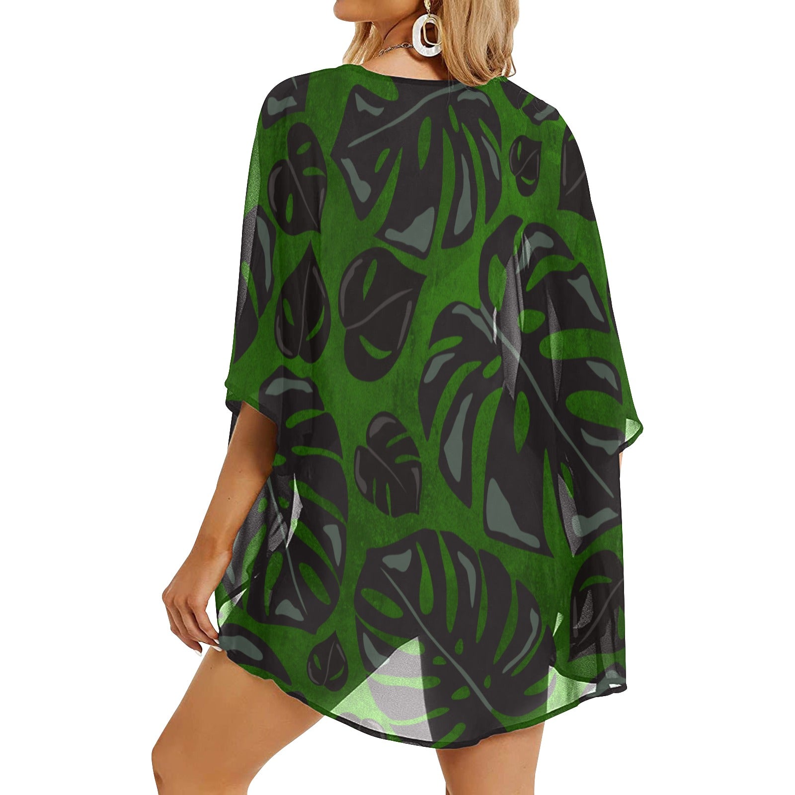 Monstera Green Watercolor Women's Kimono Chiffon Cover Up Women's Kimono Chiffon Cover Up