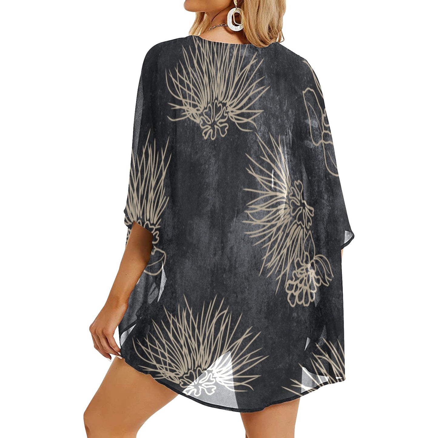 'Ohia Lehua with Gray Watercolor Women's Kimono Chiffon Cover Up Women's Kimono Chiffon Cover Up