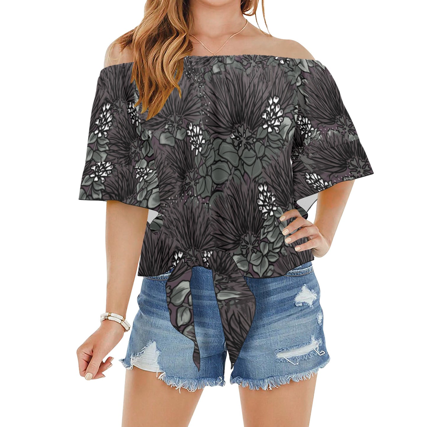 'Ohi'a Lehua Design Hawaiian Print Off Shoulder Front Knot Blouse