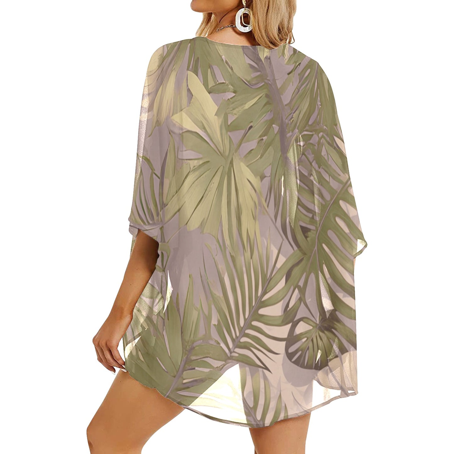 Hawaiian Tropical Print Soft Tones Kimono Chiffon Cover Up