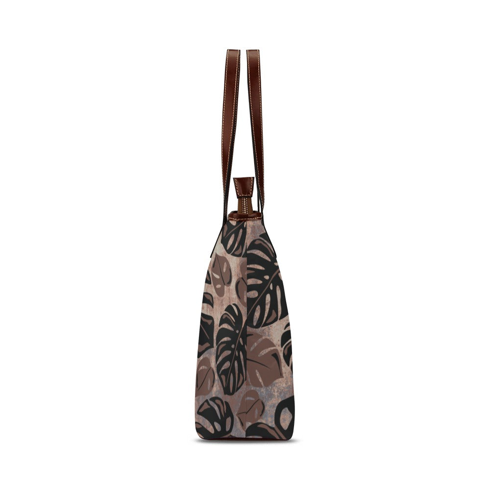 Kalo Taro Neutral Brown and Black Watercolor Brown Handle Shoulder Tote Bag