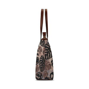 Kalo Taro Neutral Brown and Black Watercolor Brown Handle Shoulder Tote Bag