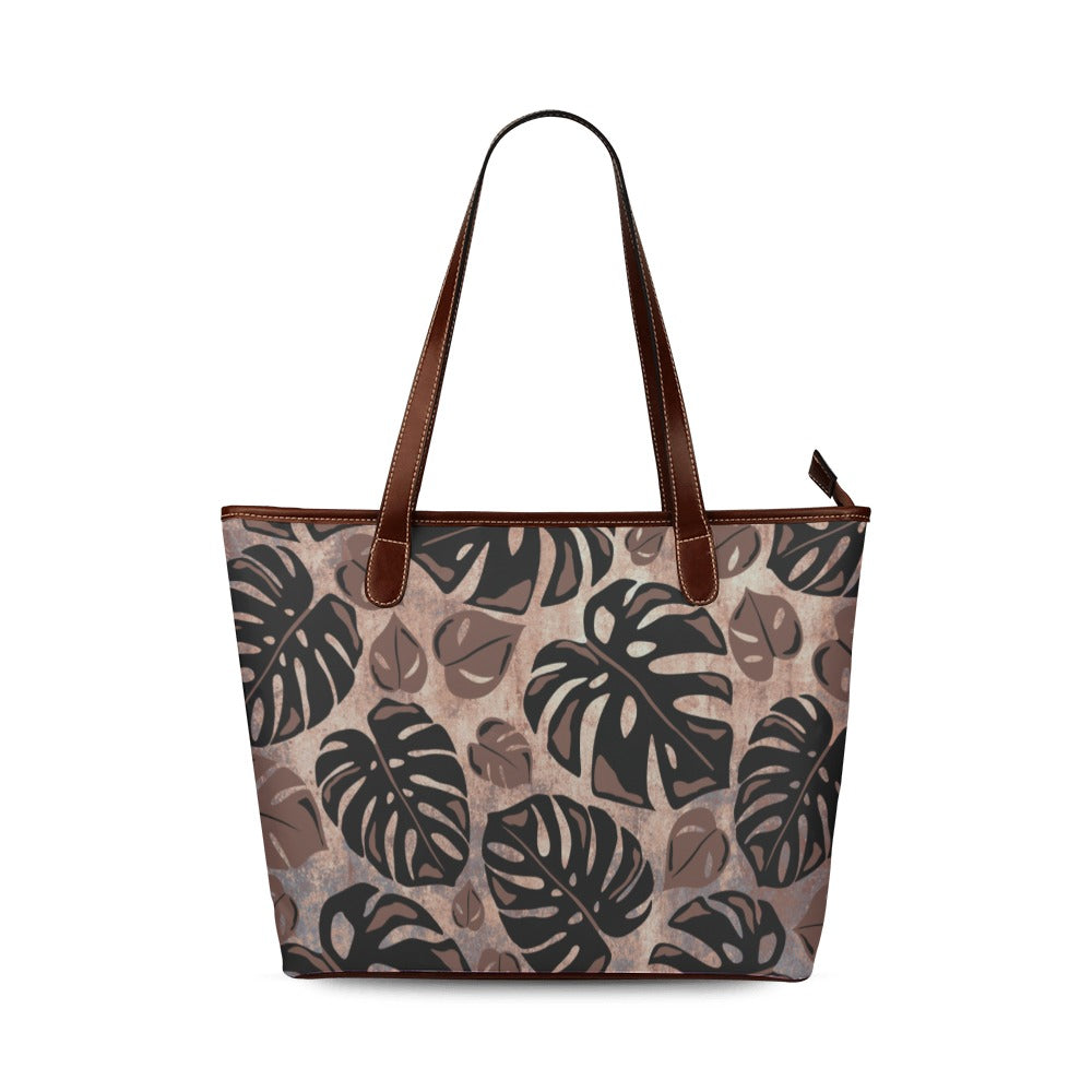 Kalo Taro Neutral Brown and Black Watercolor Brown Handle Shoulder Tote Bag