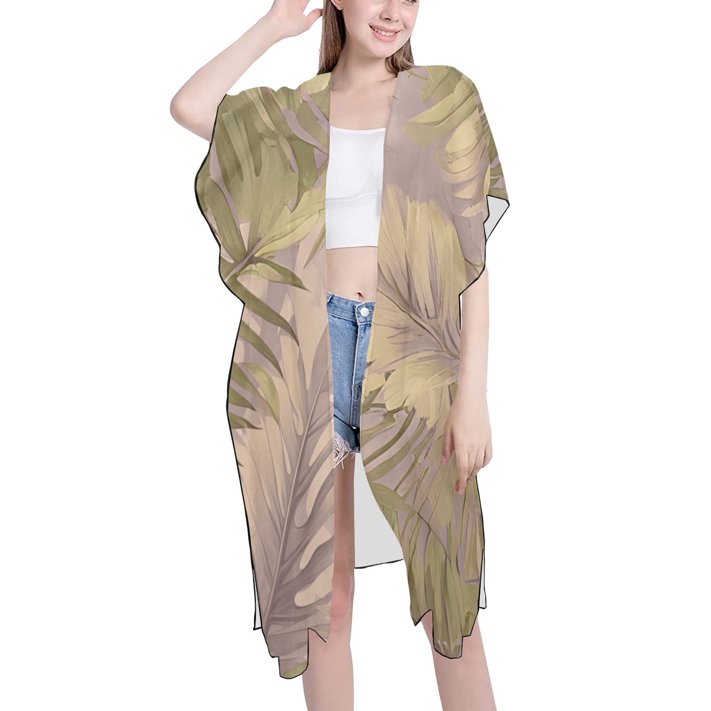 Hawaiian Tropical Print Soft Tones Mid Length Kimono Chiffon Cover Up with Side Slits