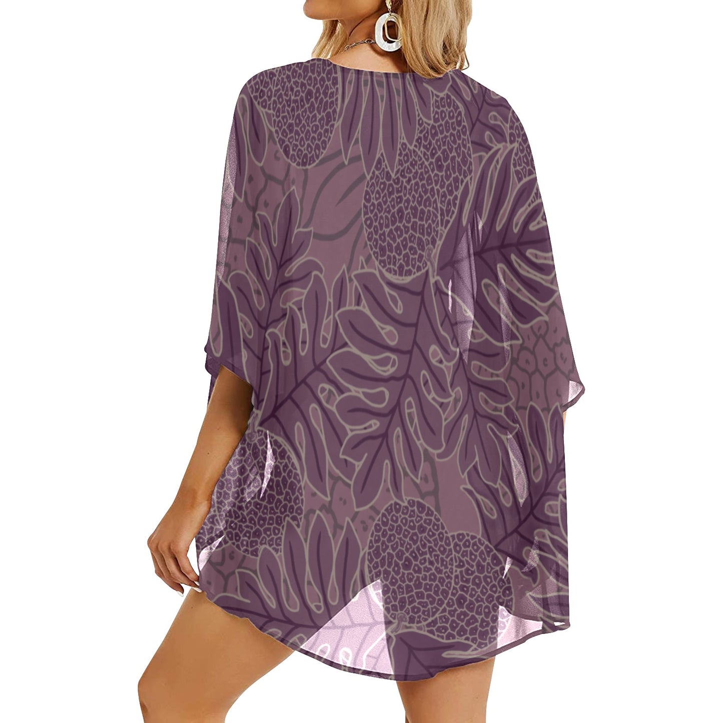 Ulu Breadfruit Hawaiian Print Purple Kimono Chiffon Cover Up