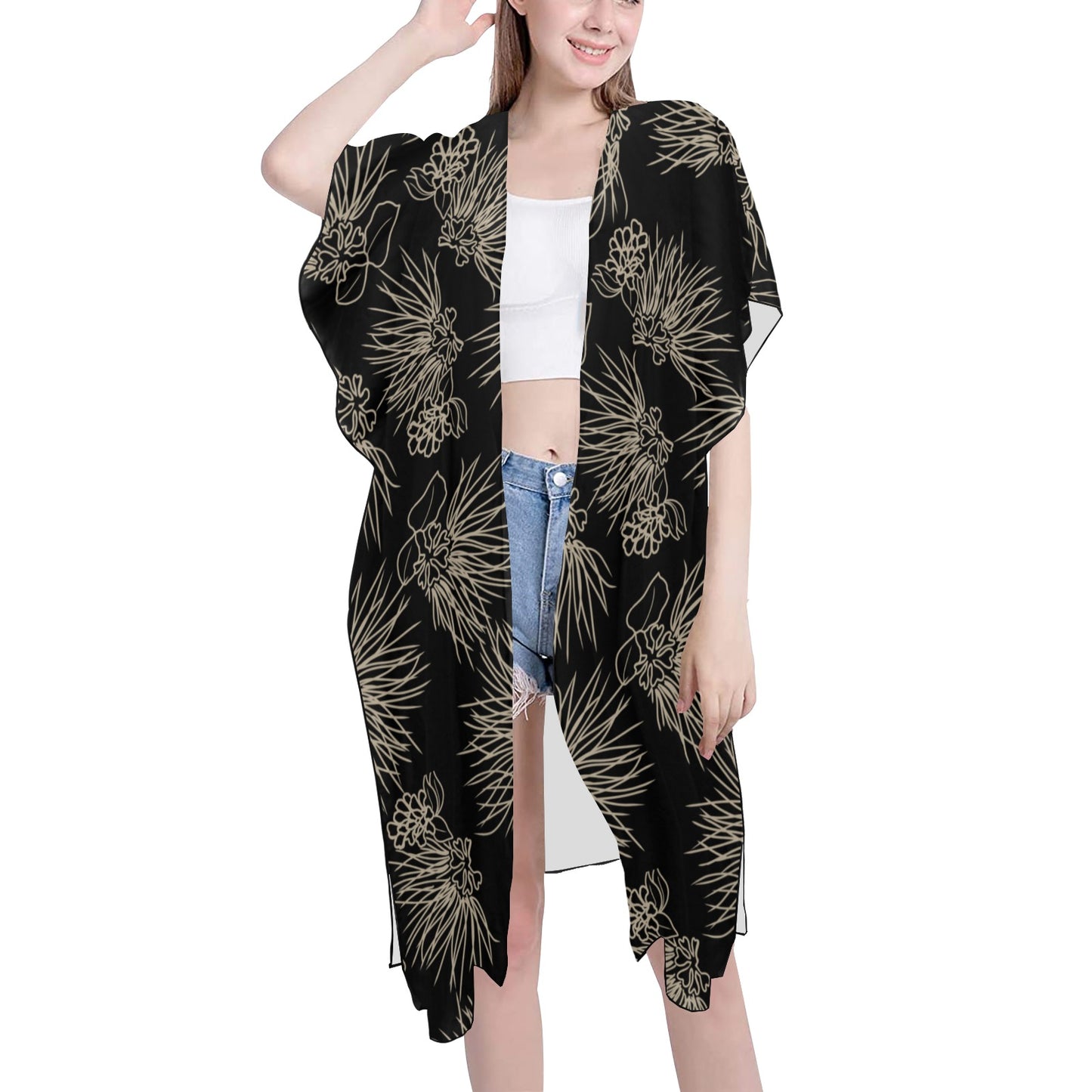 'Ohia Lehua Black Mid Length Chiffon Cover Up with Side Slits Mid-Length Side Slits Chiffon Cover Up