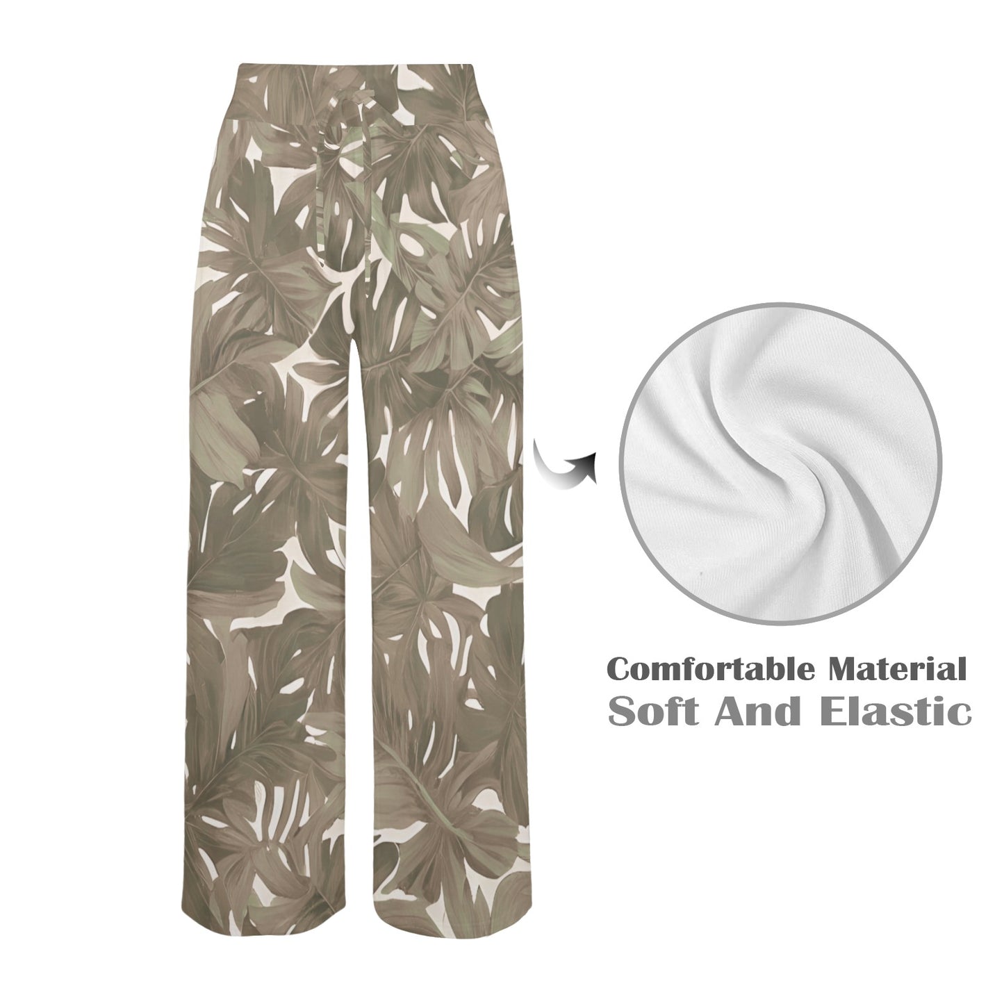 Monstera Neutral Hawaiian Print Wide Leg Palazzo Style Drawstring Pants