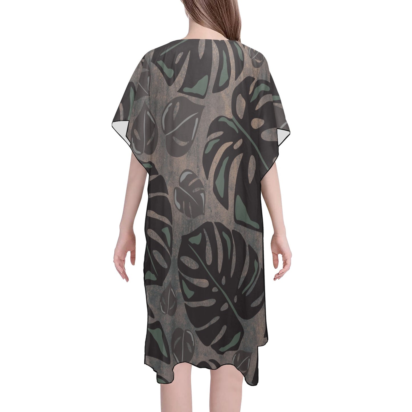 Monstera Watercolor Mid Length Chiffon Cover Up with Side Slits Mid-Length Side Slits Chiffon Cover Up