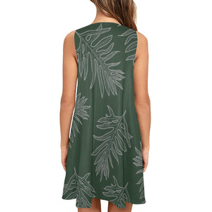 Laua'e Fern Hawaiian Print Dress- Dark Green Sleeveless A-Line Pocket Dress
