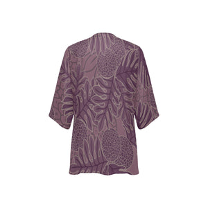 Ulu Breadfruit Hawaiian Print Purple Kimono Chiffon Cover Up