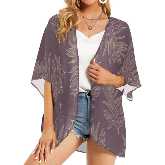 Laua'e Fern Hawaiian Print - Lavender Mauve Women's Kimono Chiffon Cover Up Women's Kimono Chiffon Cover Up)