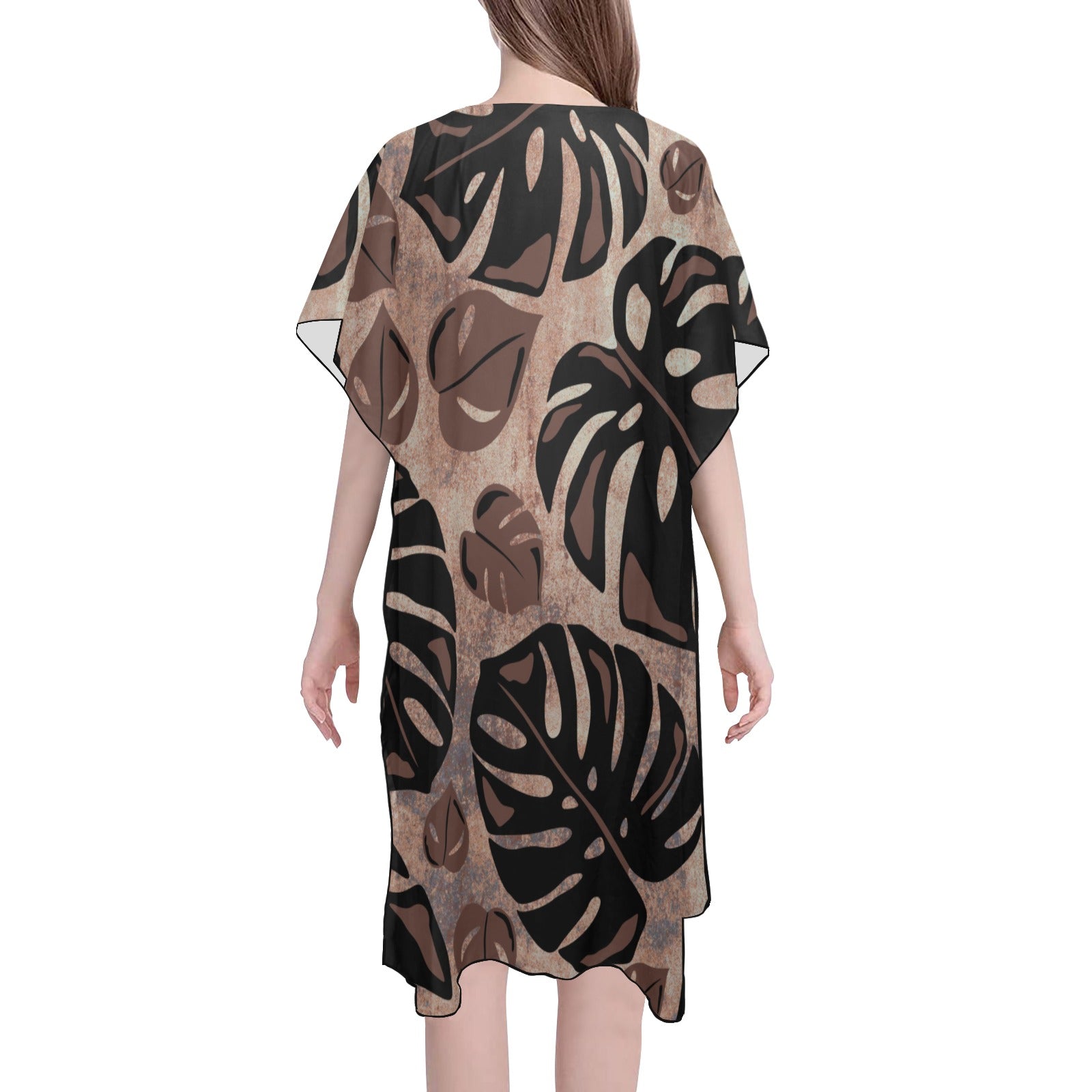 Monstera Neutral Watercolor Cover Up with Slits Mid-Length Side Slits Chiffon Cover Up