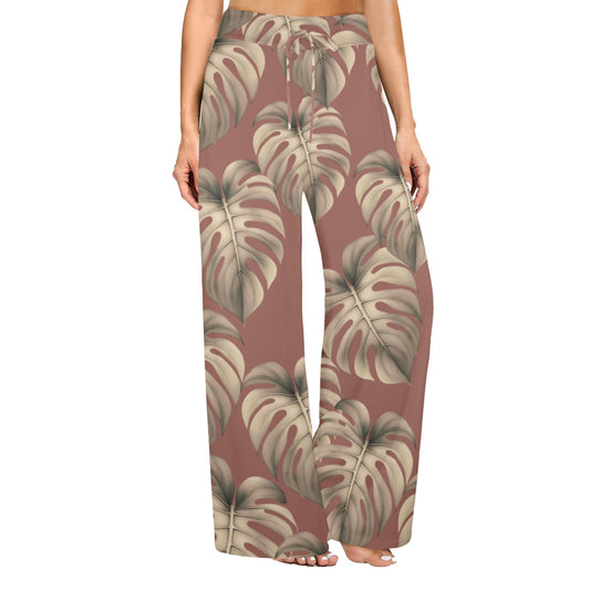 Monstera Mauve Women's Wide Leg Palazzo Drawstring Pants