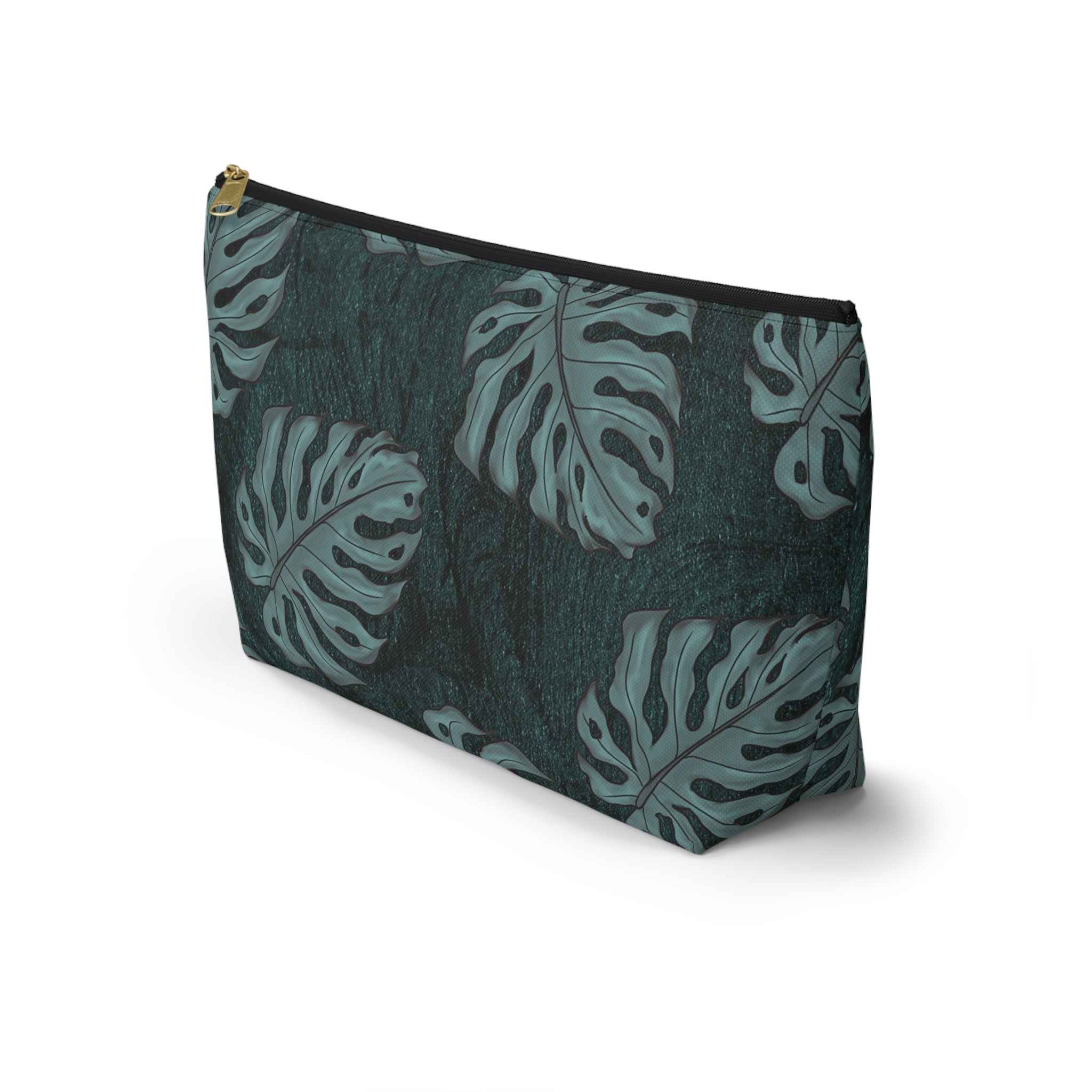 Monstera Teal Watercolor Accessory Pouch w T-bottom
