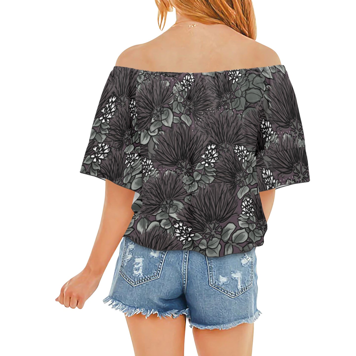 'Ohi'a Lehua Design Hawaiian Print Off Shoulder Front Knot Blouse