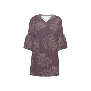 Laua'e Fern Hawaiian Print - Lavender Mauve Sleeve Dress Half Sleeves V-Neck Mini Dress