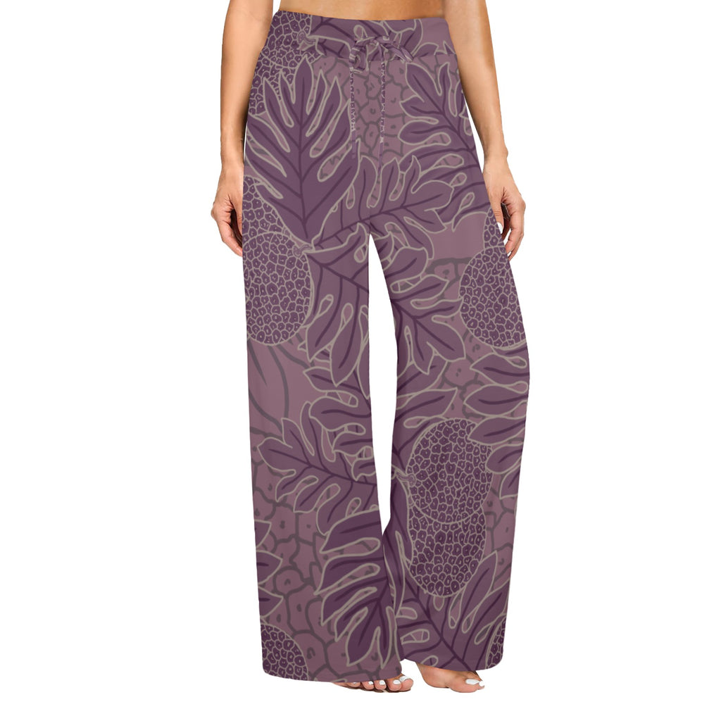 Ulu Breadfruit Hawaiian Print Wide Leg Palazzo Style Drawstring Pants - Purple