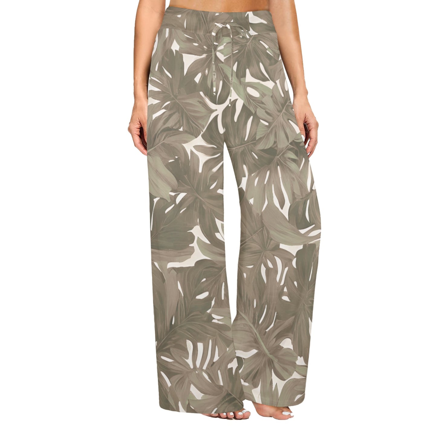 Monstera Neutral Hawaiian Print Wide Leg Palazzo Style Drawstring Pants