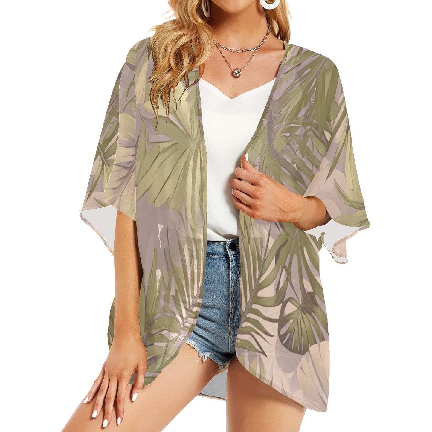 Hawaiian Tropical Print Soft Tones Kimono Chiffon Cover Up