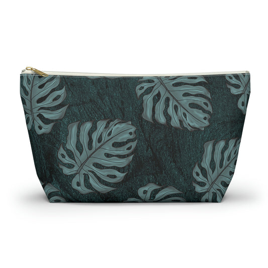 Monstera Teal Watercolor Accessory Pouch w T-bottom