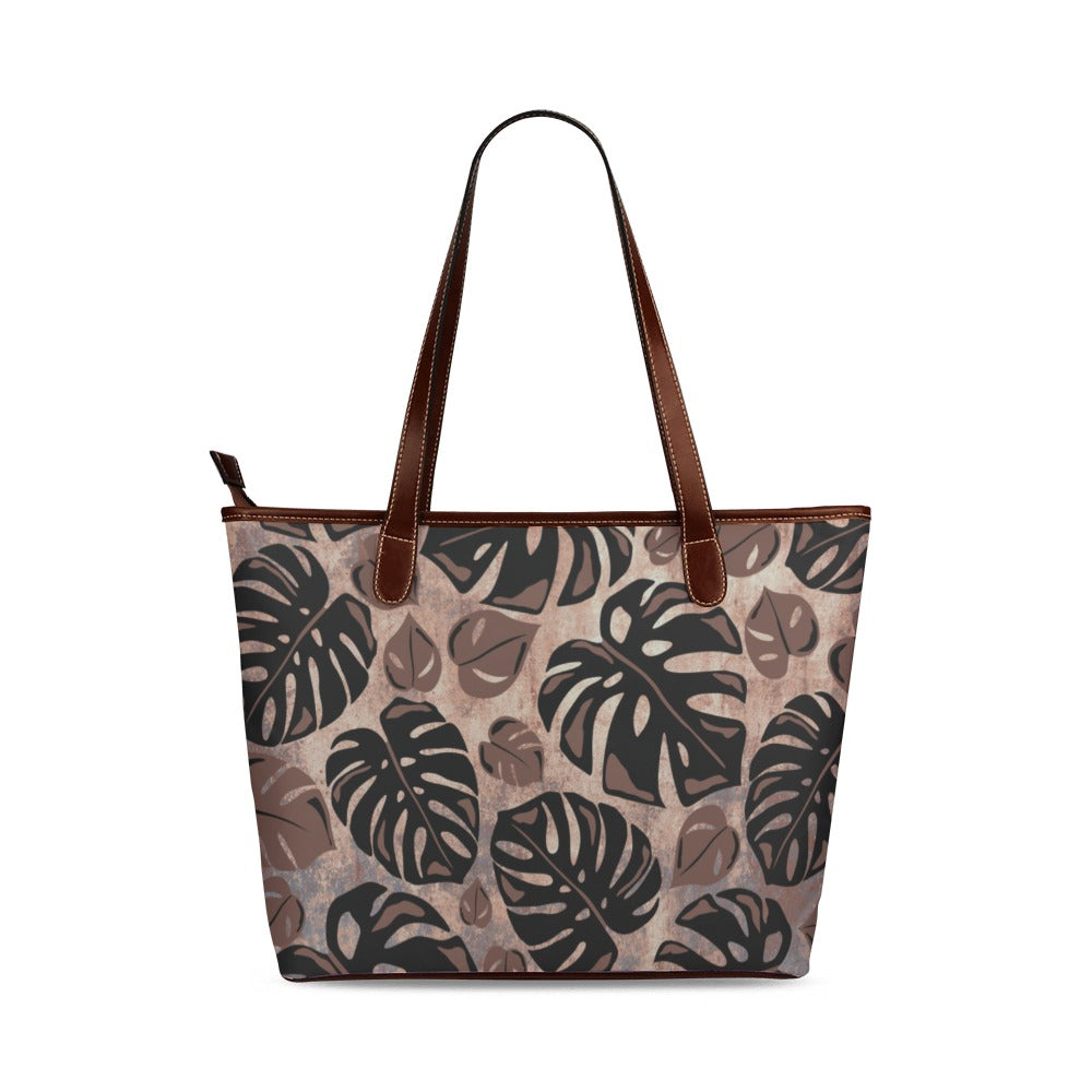 Kalo Taro Neutral Brown and Black Watercolor Brown Handle Shoulder Tote Bag