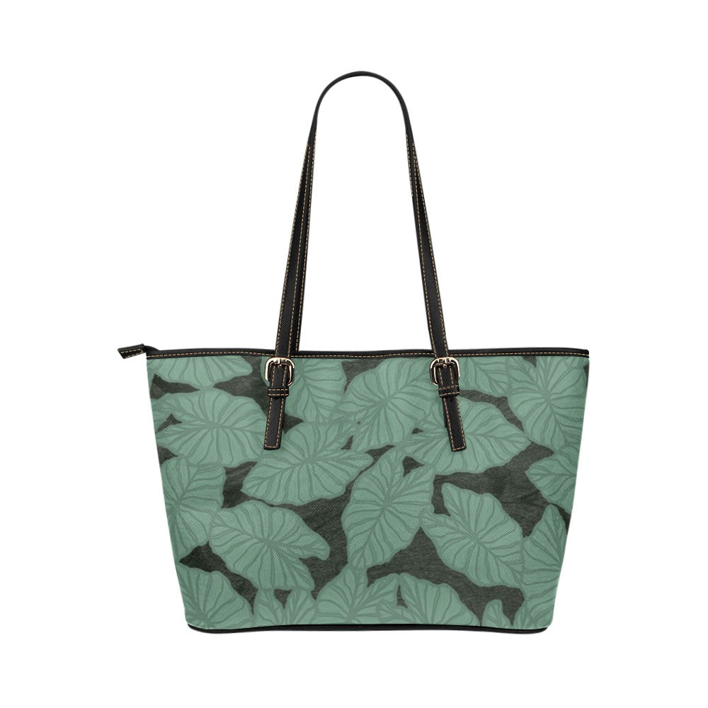 Kalo Taro Hawaiian Print Green Tote Bag Faux Leather