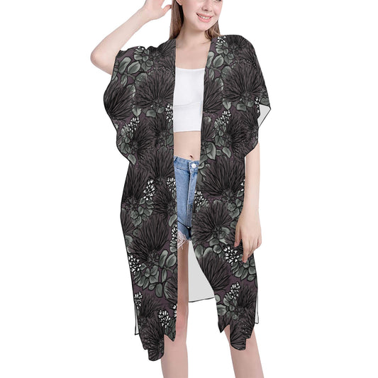 'Ohi'a Lehua Design Mid-Length Side Slit Kimono Coverup Mid-Length Side Slits Chiffon Cover Up