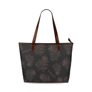 Laua'e Fern Hawaiian Print - Black and Brown Tote Bag with Brown Handles Aloha Dynasty Shoulder Tote Bag (Model 1646)