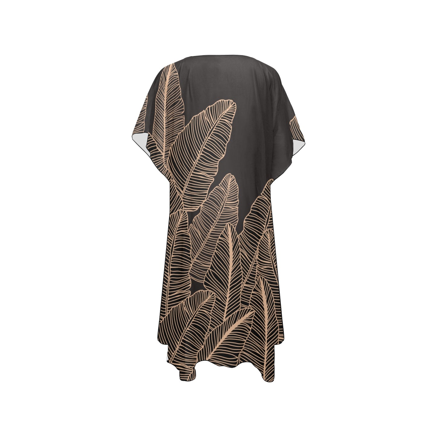 Banana Leaf Hawaiian Print Mid Length Side-Slit Cover Up - Black (Lau Mai'a Chiffon Cover Up)