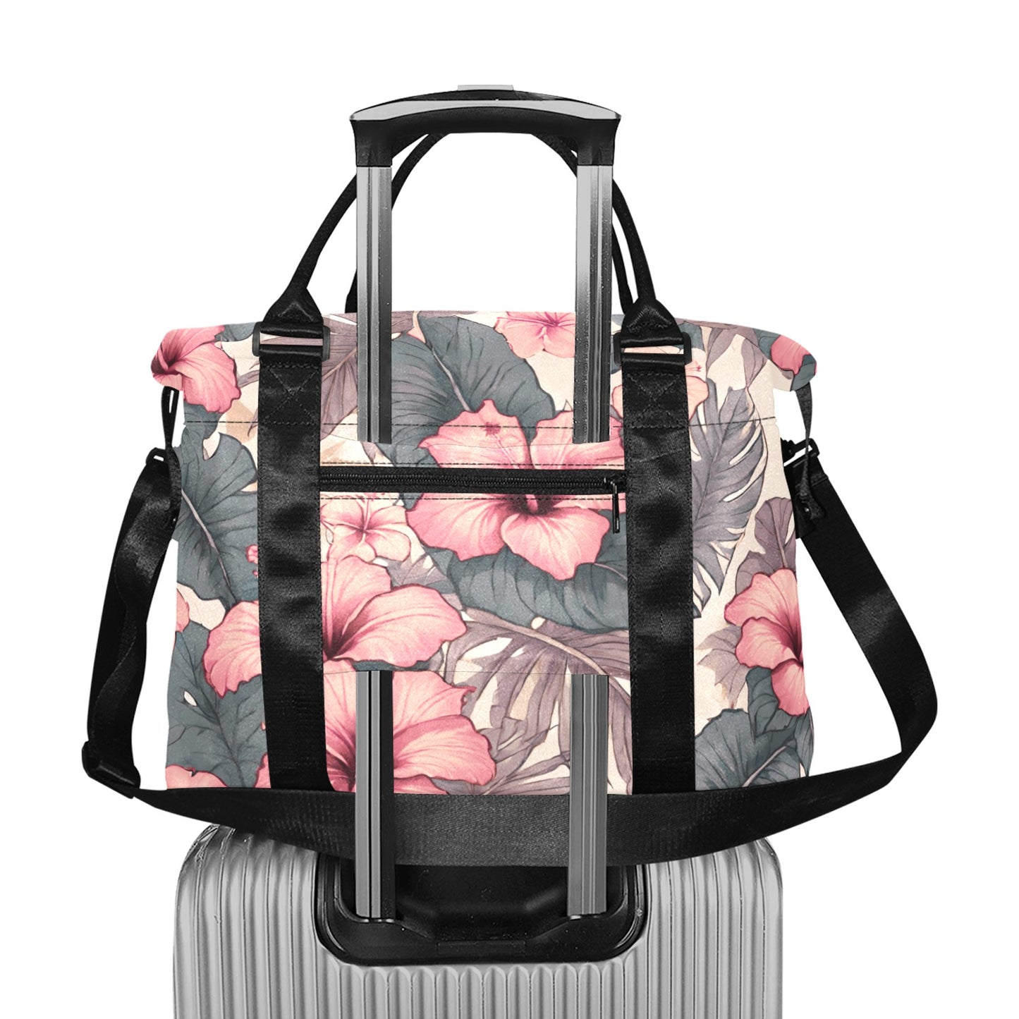 Hibiscus Hawaiian Print Soft Tones Duffle Bag with Trolley Sleeve - The Huaka'i Weekender Duffle