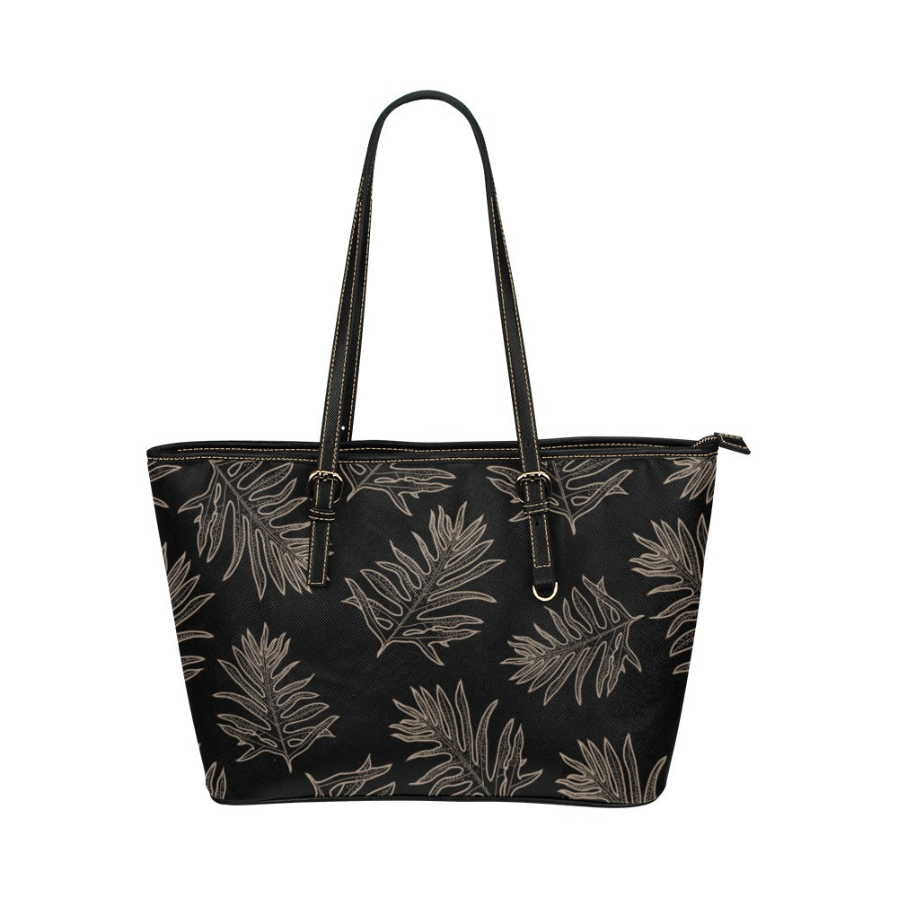 Laua'e Fern Hawaiian Print - Black & Taupe Faux Leather Tote Bag Large