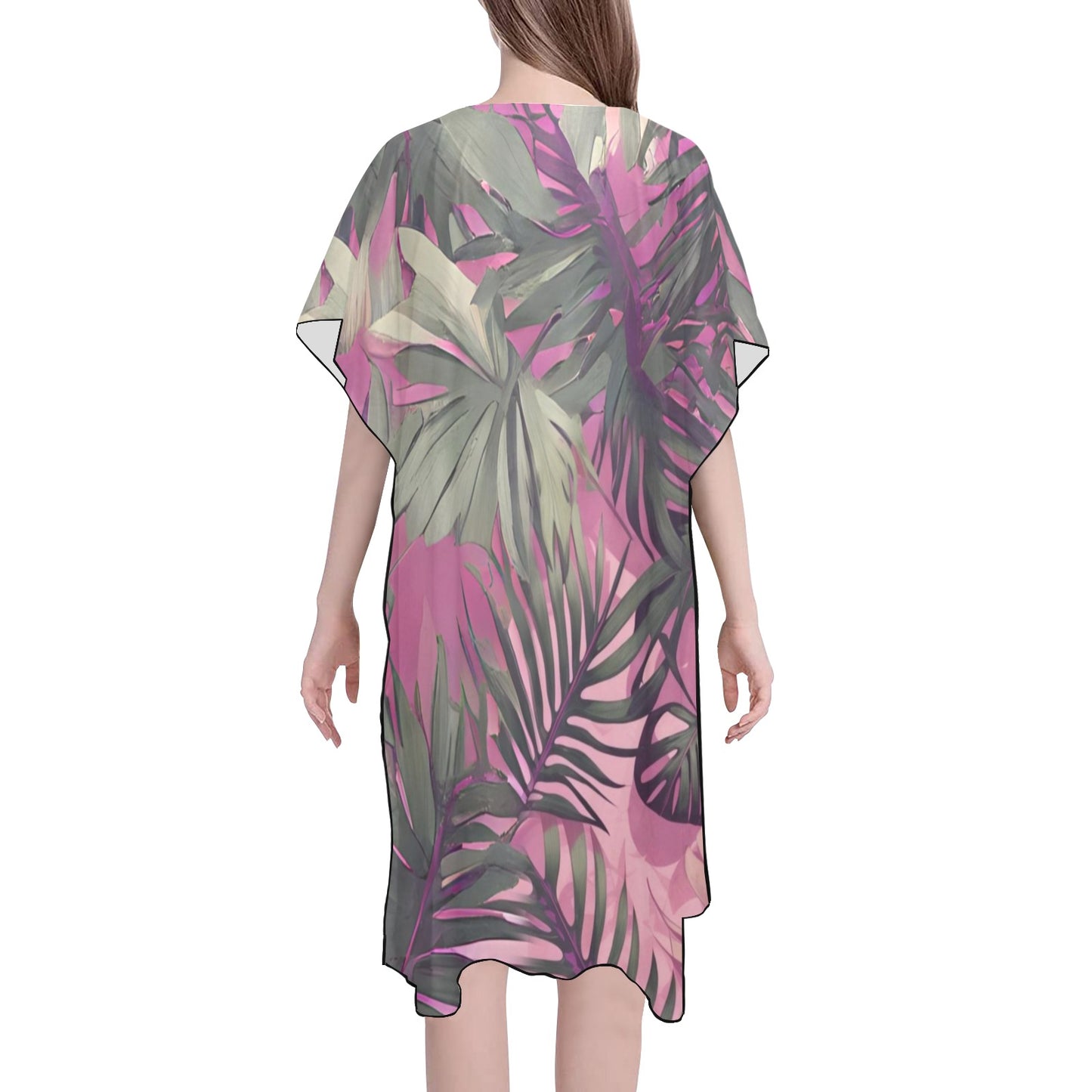 Hawaiian Tropical Print Pink Mid Length Kimono Chiffon Cover Up with Side Slits