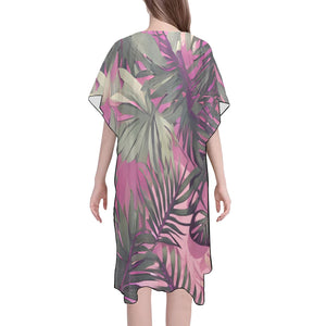 Hawaiian Tropical Print Pink Mid Length Kimono Chiffon Cover Up with Side Slits