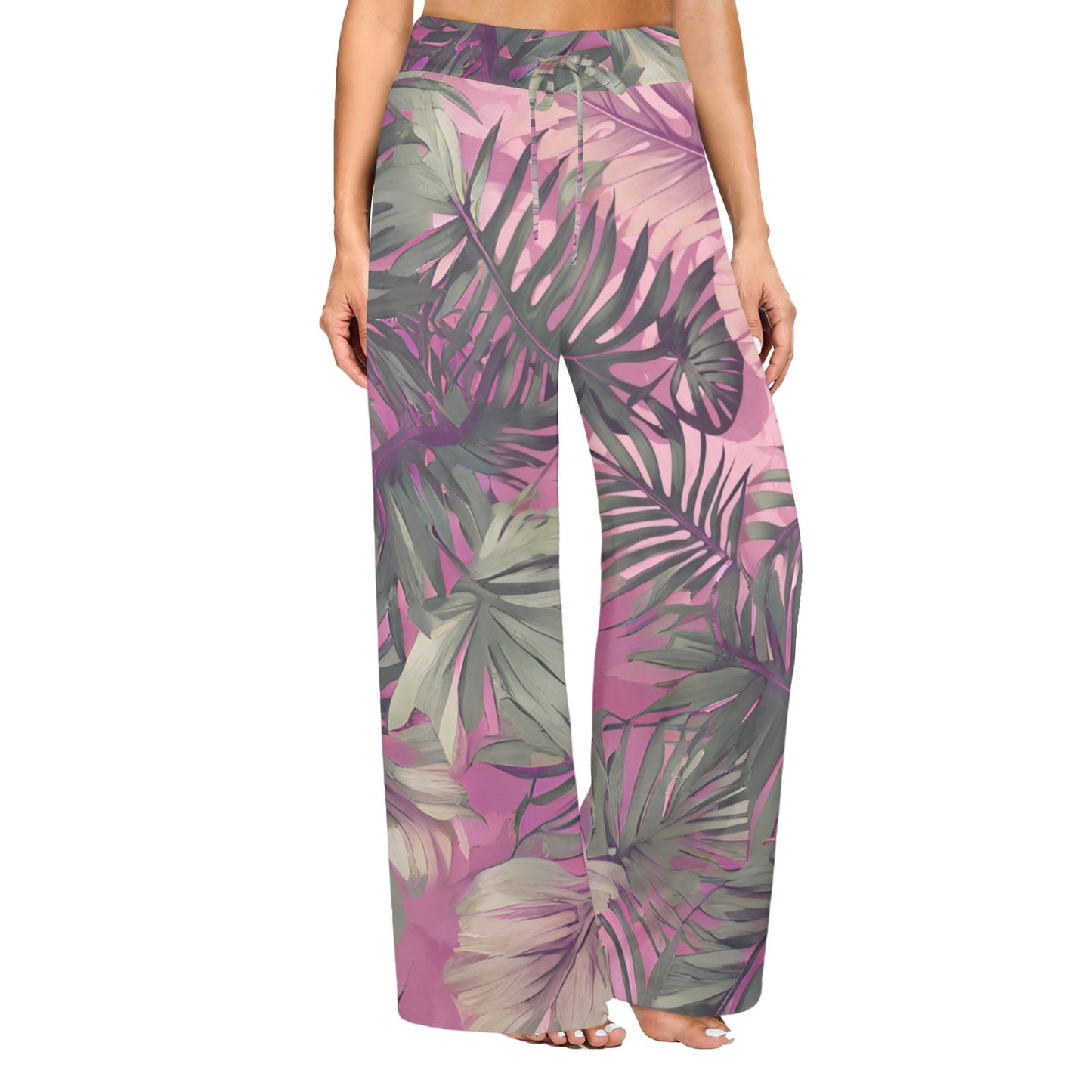 Hawaiian Tropical Print Pink Tones Wide Leg Palazzo Style Drawstring Pants