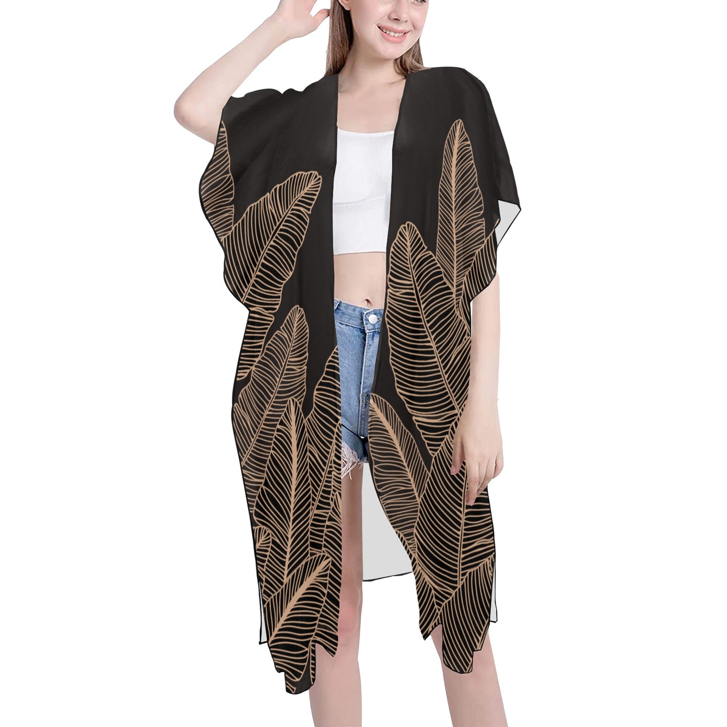 Banana Leaf Hawaiian Print Mid Length Side-Slit Cover Up - Black (Lau Mai'a Chiffon Cover Up)